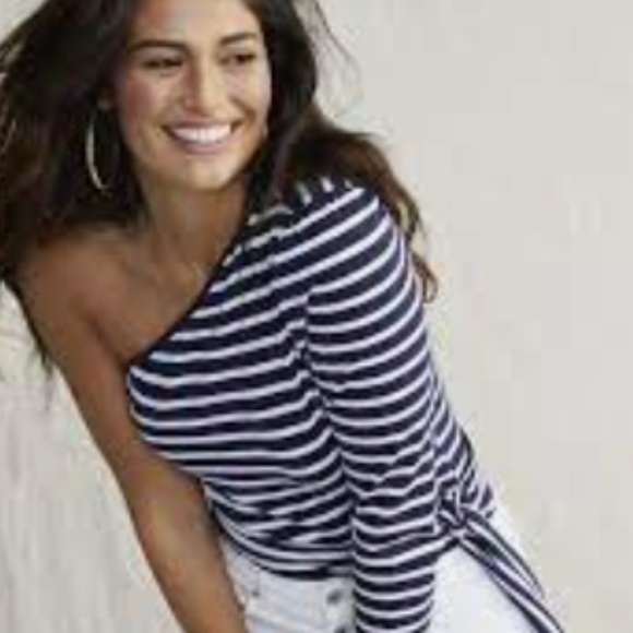 Sofia Vergara One Shoulder Striped Top with tie waist NWT M - Picture 1 of 6